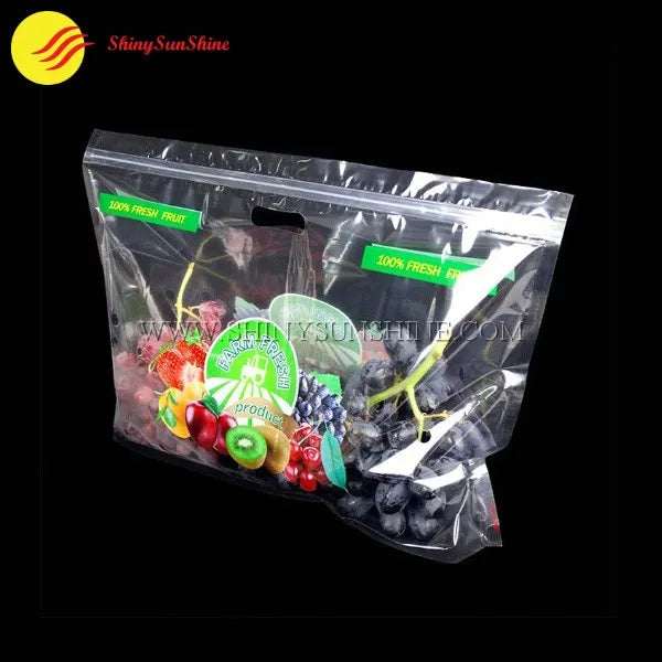 Resealable plastic fruit pouch featuring colorful custom graphics and moisture vents