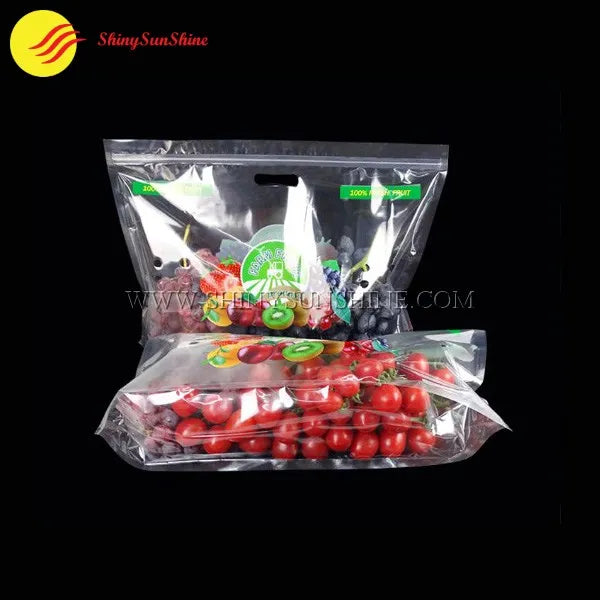 Clear plastic bag filled with assorted fruits, showcasing custom logo