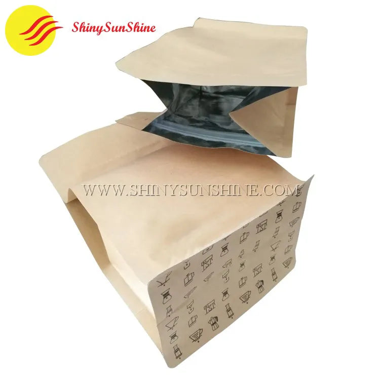 Stand-up Kraft paper bag featuring square base, ziplock seal, and custom graphics