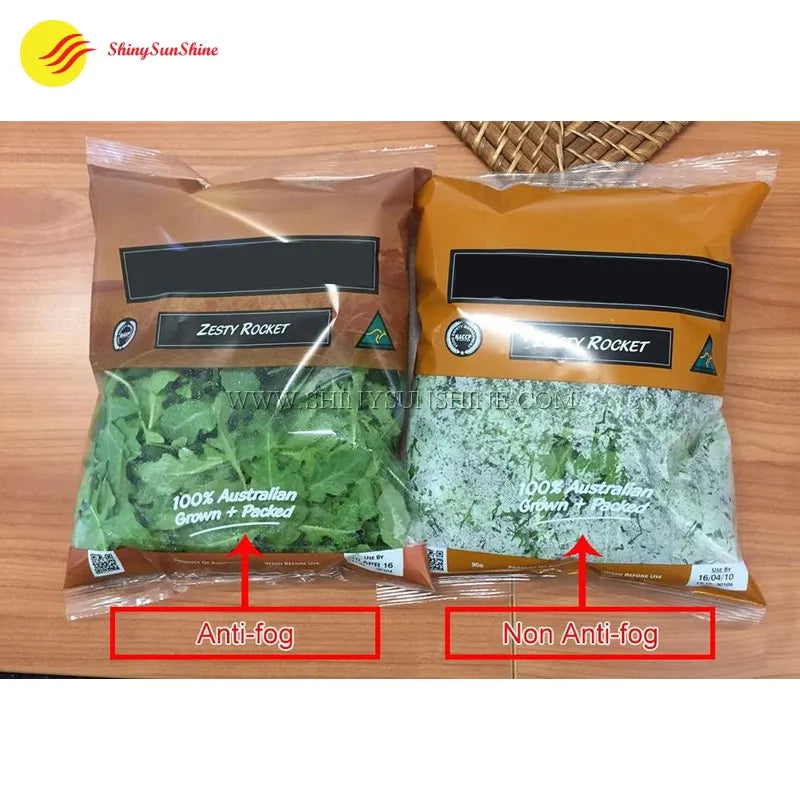 Set of custom anti-fog vegetable bags in various sizes, designed for kale, spinach, and salad mixes