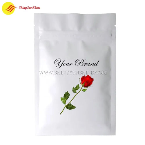 White stand-up pouch with a red rose graphic