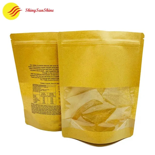 Set of custom brown Kraft paper stand-up bags displayed together