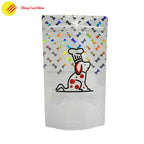 Custom holographic zipper bag for dog treats with vibrant rainbow finish
