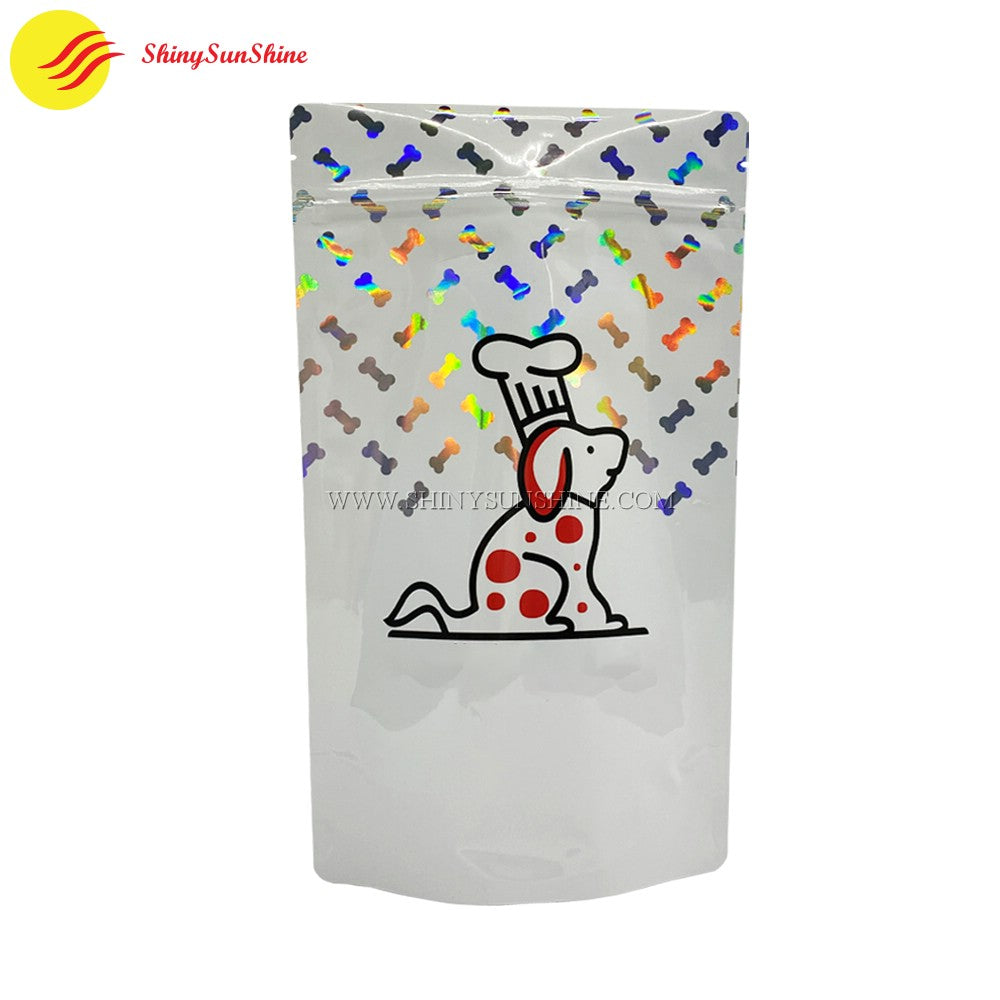 Custom holographic zipper bag for dog treats with vibrant rainbow finish
