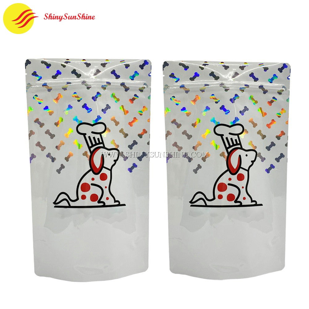 Stylish pet snack pouch with holographic shine and secure zip seal