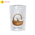 Custom Mylar stand-up pouch for pet food with resealable ziplock and printed branding
