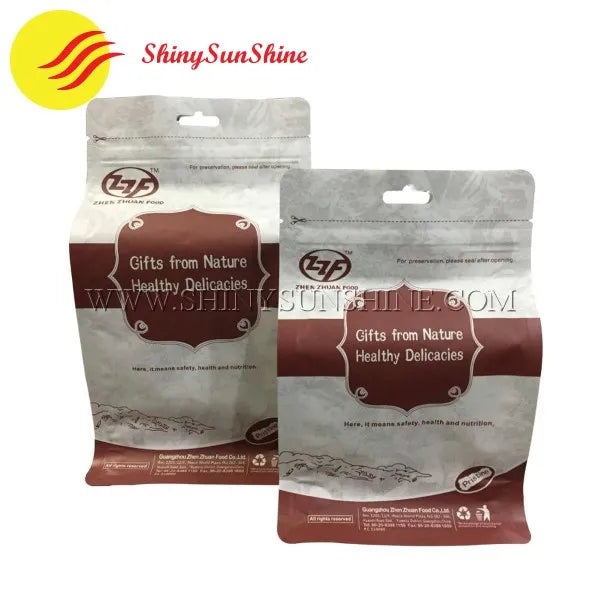 Front Kraft paper stand-up pouch with Mylar lining, flat bottom, and printed branding