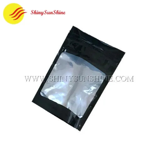 Black stand-up pouch with clear window on a white background