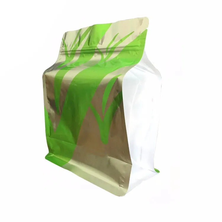 Side view of a custom printed laminated aluminum foil flat bottom packaging bags by Shiny SunShine