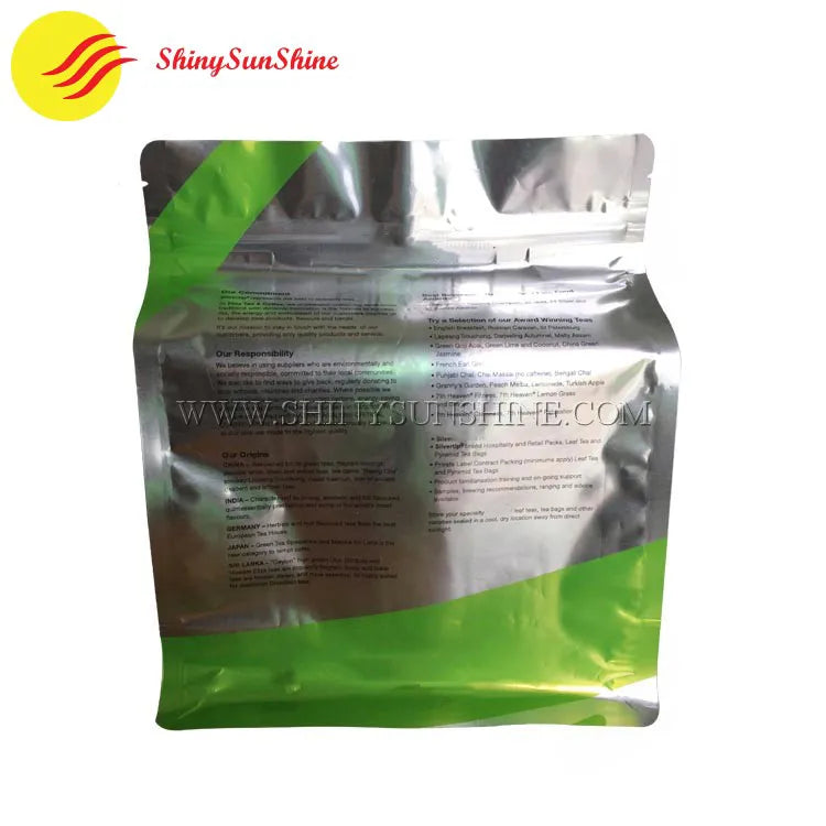 Back view of a custom printed laminated aluminum foil flat bottom packaging bags by Shiny SunShine
