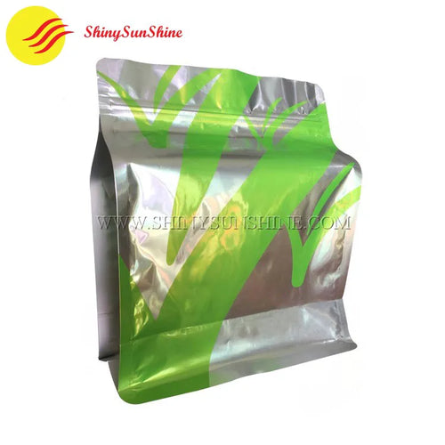 Front view of a custom printed laminated aluminum foil flat bottom packaging bags by Shiny SunShine