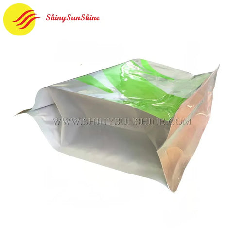 Under side view of a custom printed laminated aluminum foil flat bottom packaging bags by Shiny SunShine.
