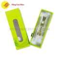 Assorted vape cartridge boxes with child-resistant closures and custom artwork