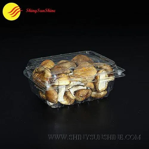 Clear plastic container with mushrooms