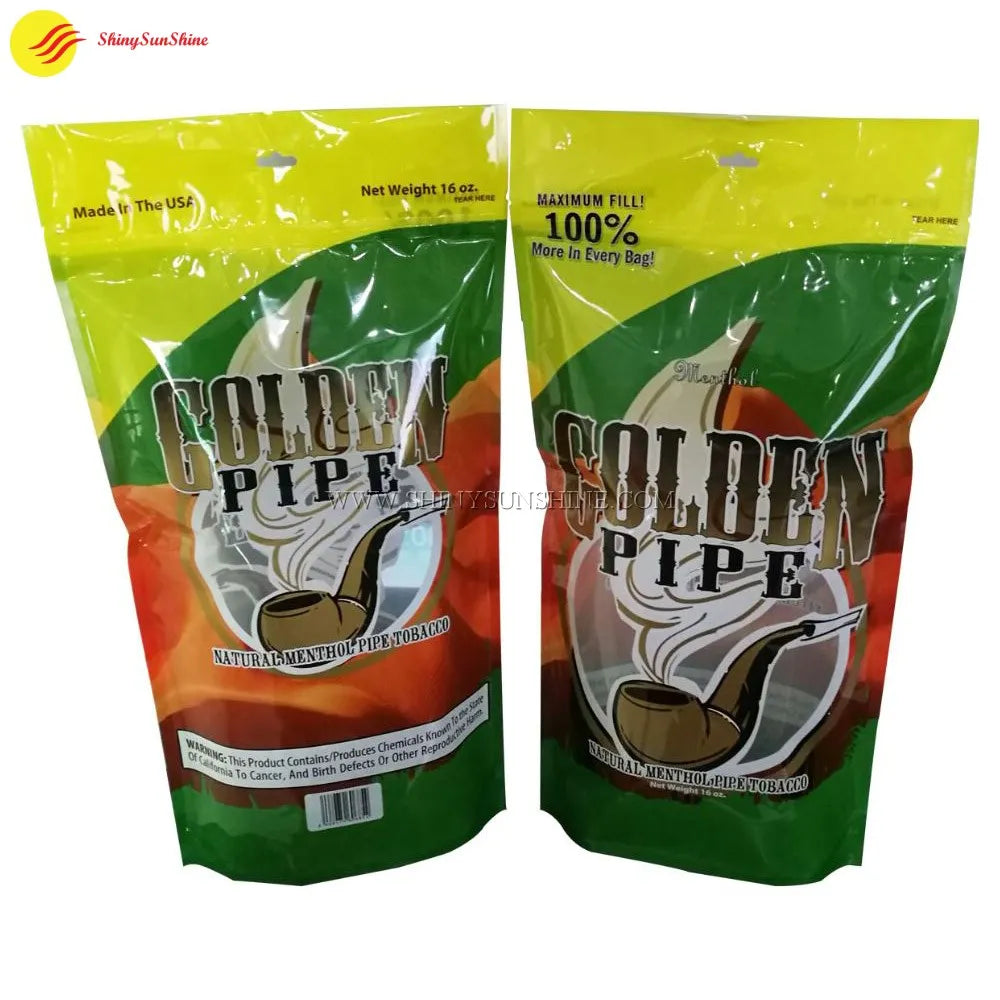 Custom tobacco packaging bags displayed upright on retail shelf with bold graphics
