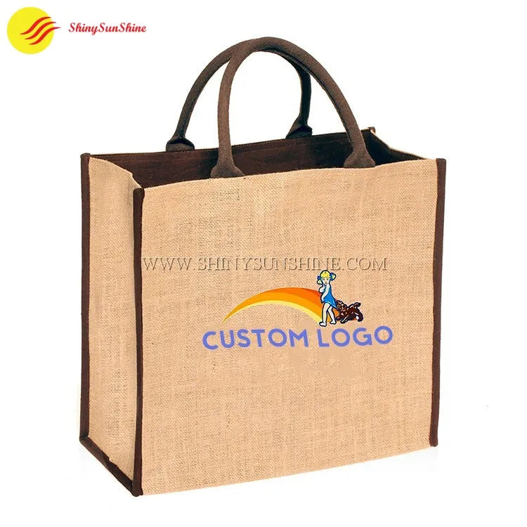 Large jute tote bag with custom printed logo and reinforced handles for eco-friendly shopping