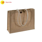 Reusable jute tote with custom label, ideal for groceries, retail, or promotional use