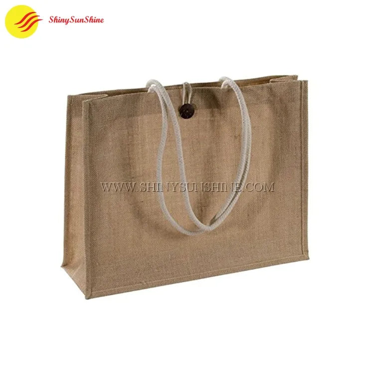 Reusable jute tote with custom label, ideal for groceries, retail, or promotional use
