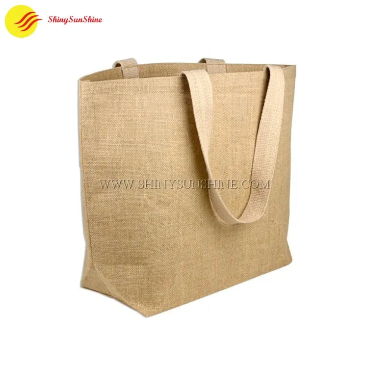 Large jute tote bag with custom printed logo and reinforced handles for eco-friendly shopping