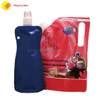  Liquid packaging pouch with ergonomic shape, resealable spout, and printed label