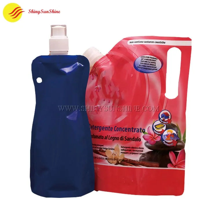  Liquid packaging pouch with ergonomic shape, resealable spout, and printed label