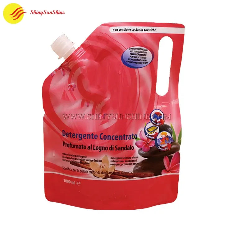 Shaped stand-up pouch for liquid with custom print and built-in spout for easy pouring