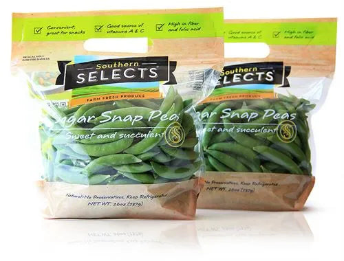 Eco-friendly vegetable pouch featuring custom graphics and transparent window for product visibility