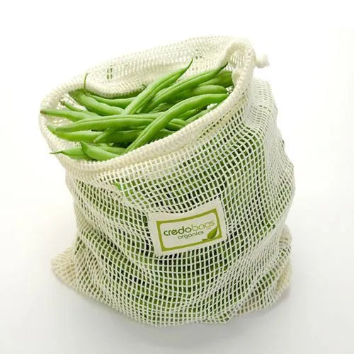 Minimalist vegetable mesh pouch with subtle custom logo and natural texture finish
