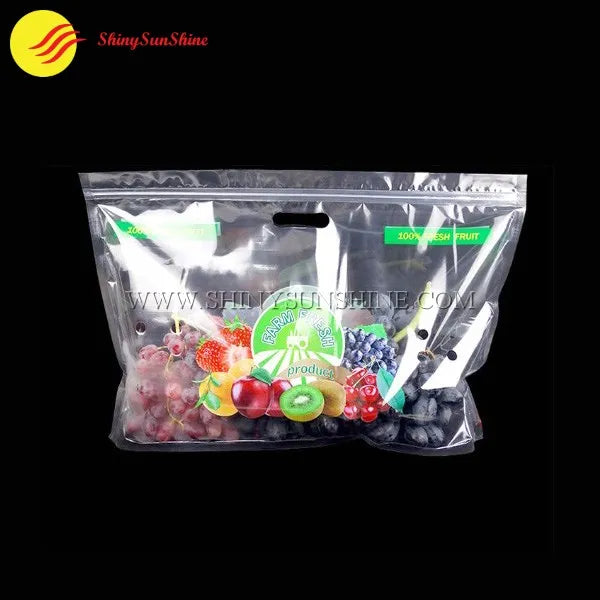 Lightweight plastic pouch for fresh fruits with ziplock seal and vibrant branding