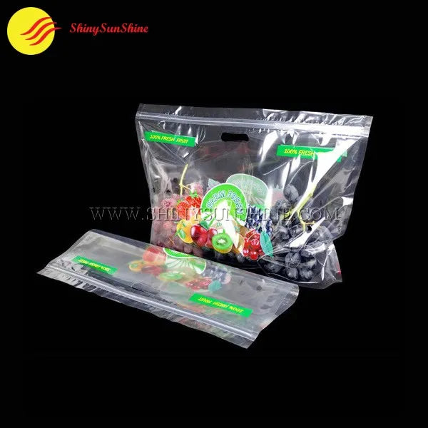Minimalist plastic bag for fresh fruits with clean branding and transparent front