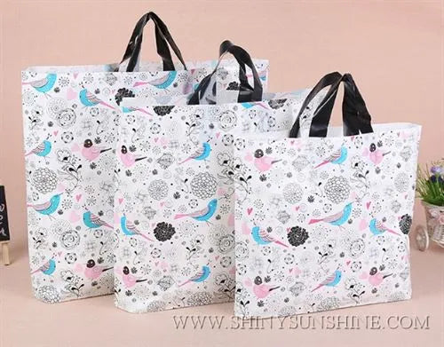 Matte finish plastic shopping bag with custom artwork and durable handle