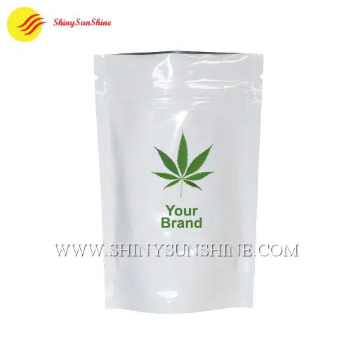 Custom printed Mylar pouch for cannabis with resealable zipper and bold branding