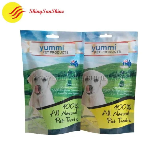 Custom printed zipper pouch for dog treats with resealable top and playful branding