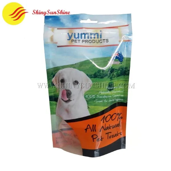 Stand-up pouch for dog snacks with custom label and gusseted bottom for upright display