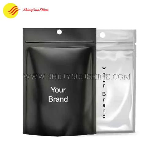  Assorted zip-lock stand-up pouches in various sizes with custom prints and moisture barrier