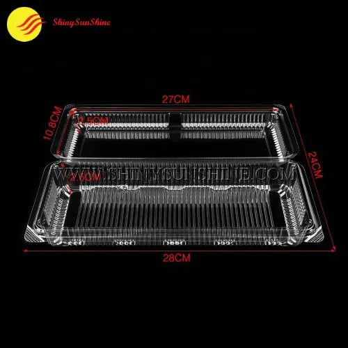 Clear plastic trays with dimensions labeled on a black background