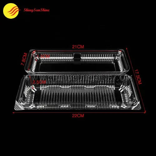 Clear plastic food containers with dimensions on a black background