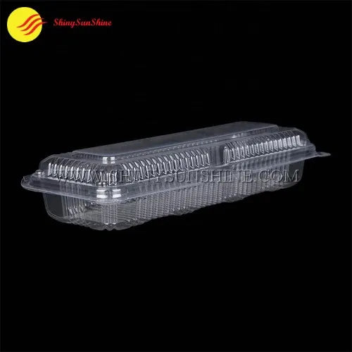 Empty clear clamshell container for fresh herbs with hinged lid and vented design