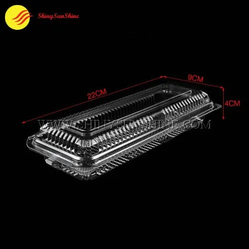 Clear plastic packaging tray with dimensions labeled on a black background