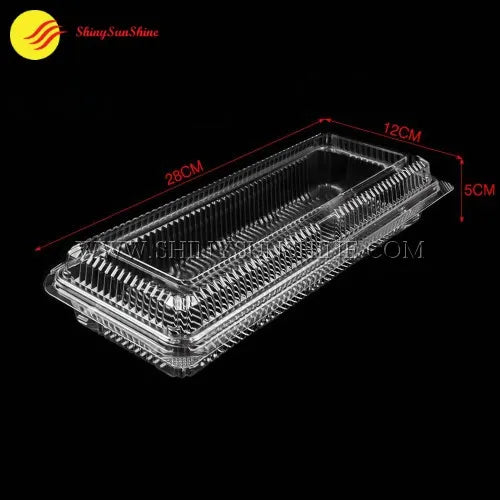 Clear plastic food container with dimensions on a black background