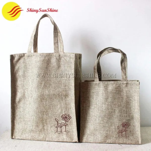 Front side Multiple eco-friendly jute tote bags with custom logos displayed together