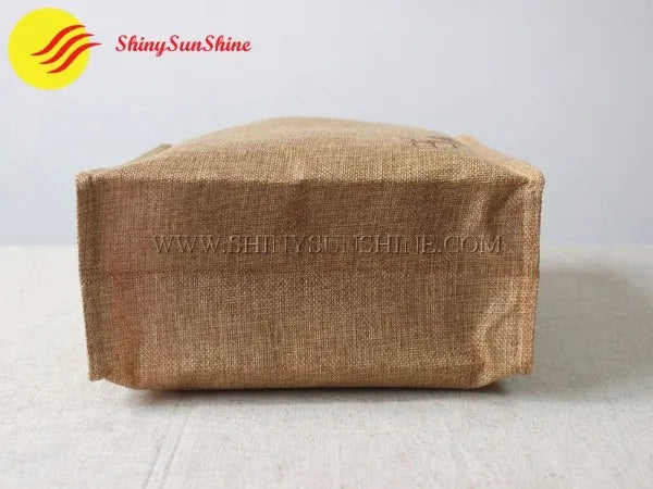 Bottom of Custom branded jute tote shopping bag with handles, portable and eco-friendly