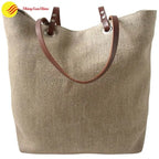 Front view Eco-friendly jute tote bag featuring premium leather straps and minimalist design
