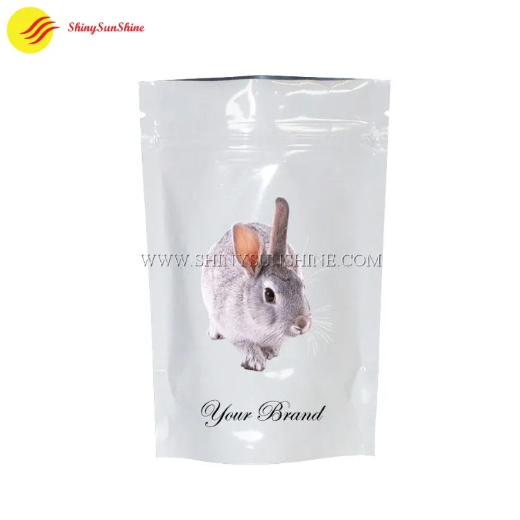 Custom pet food pouch photographed upright with bold branding and nutritional info panel