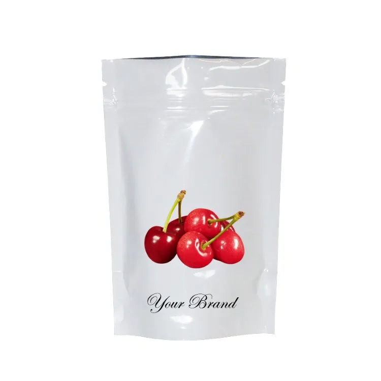 Custom zip-lock pouch for food photographed upright with bold branding and clean finish