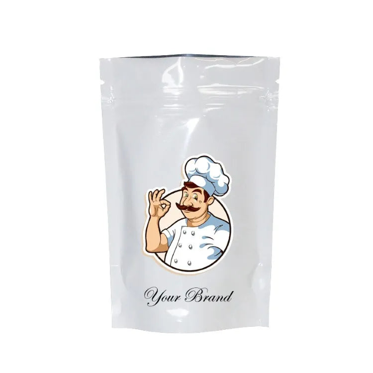 Custom Mylar stand-up pouch for food with zip-lock closure and printed branding