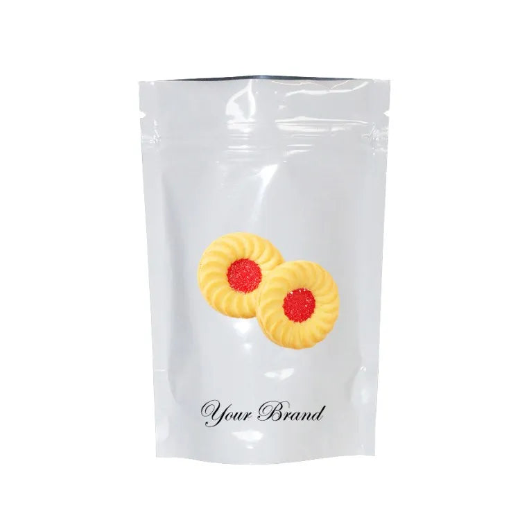 Minimalist Mylar pouch with zip-lock and subtle custom logo for premium food packaging