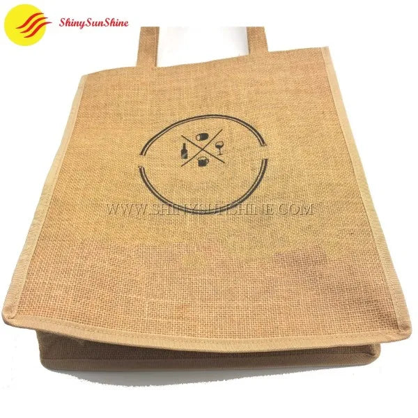 Folded jute wine bag with printed logo and water-resistant PVC coating