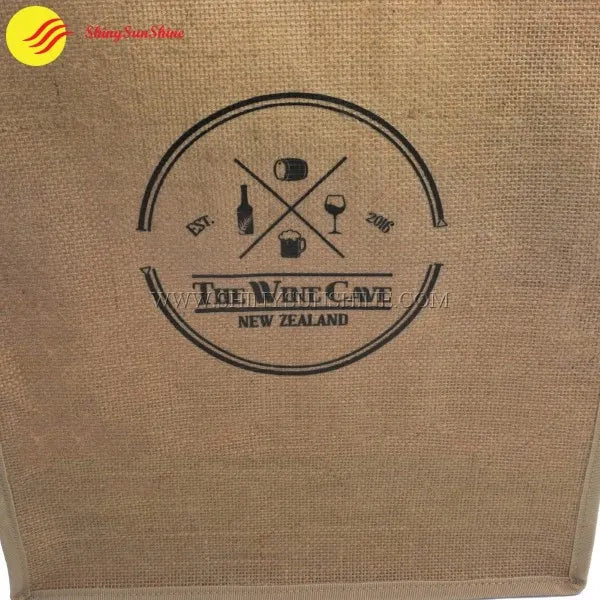 Eco-friendly jute wine bag featuring glossy PVC finish and personalized branding