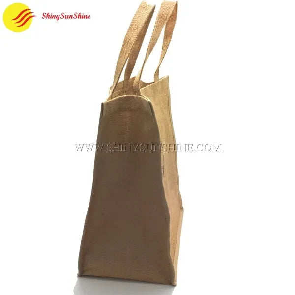 Reusable jute wine carrier with custom label and glossy protective coating
